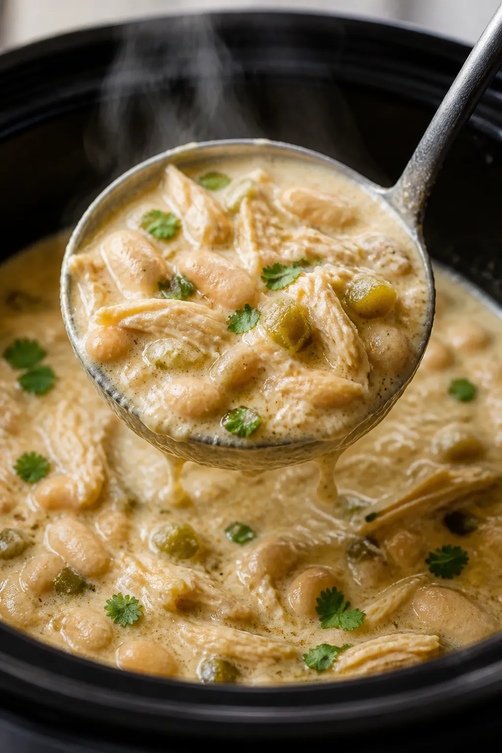 Close-up detail: A ladle lifting creamy slow cooker white chicken chili from a matte black crock, sh