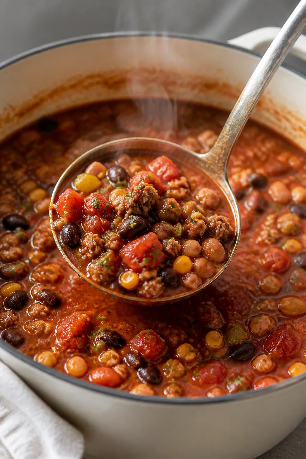 Close-up detail: A ladle lifting hearty ground turkey taco soup from a Dutch oven during the simmer 