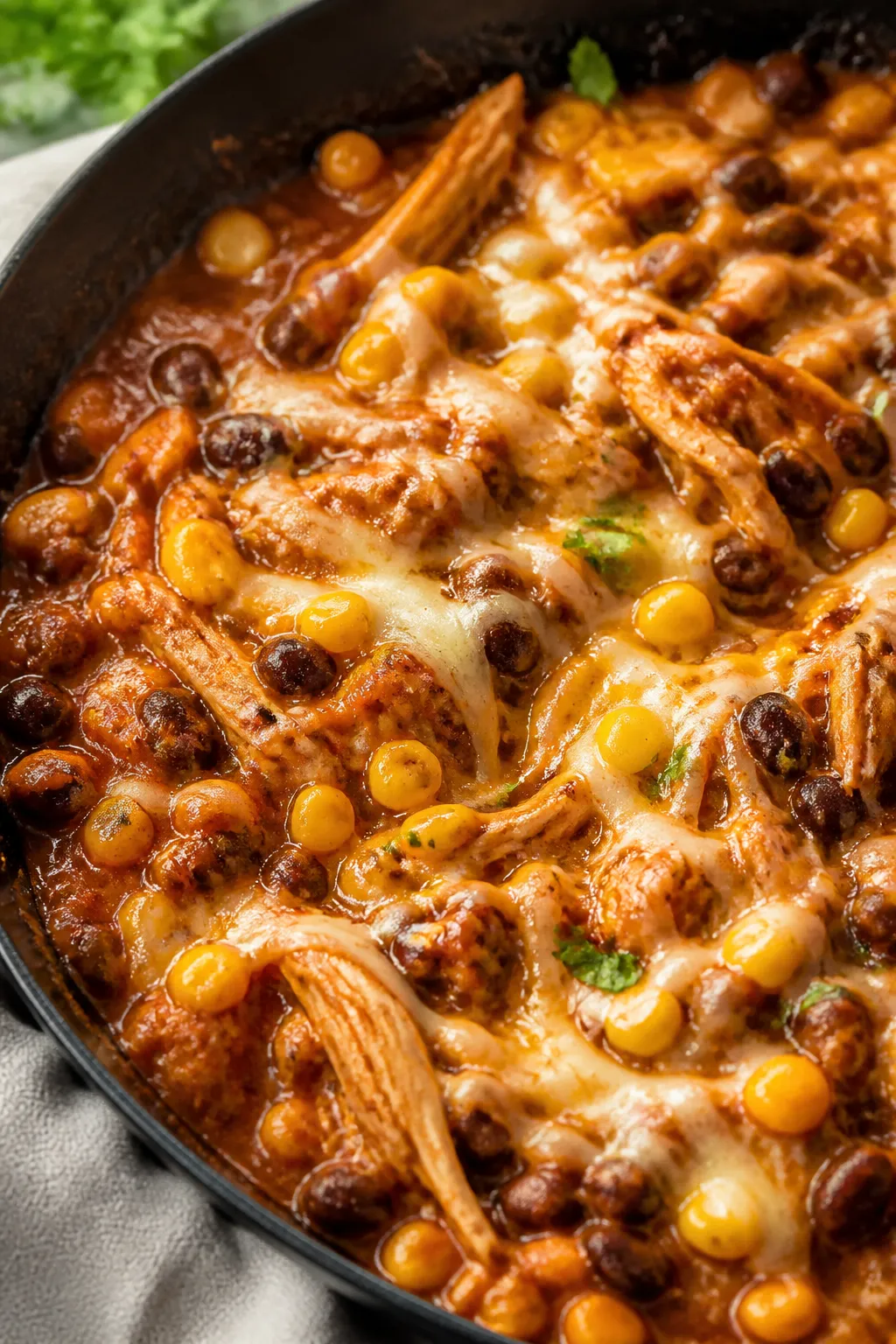 Close-up detail: A skillet of saucy chicken enchilada filling simmering, showing tender shredded chi