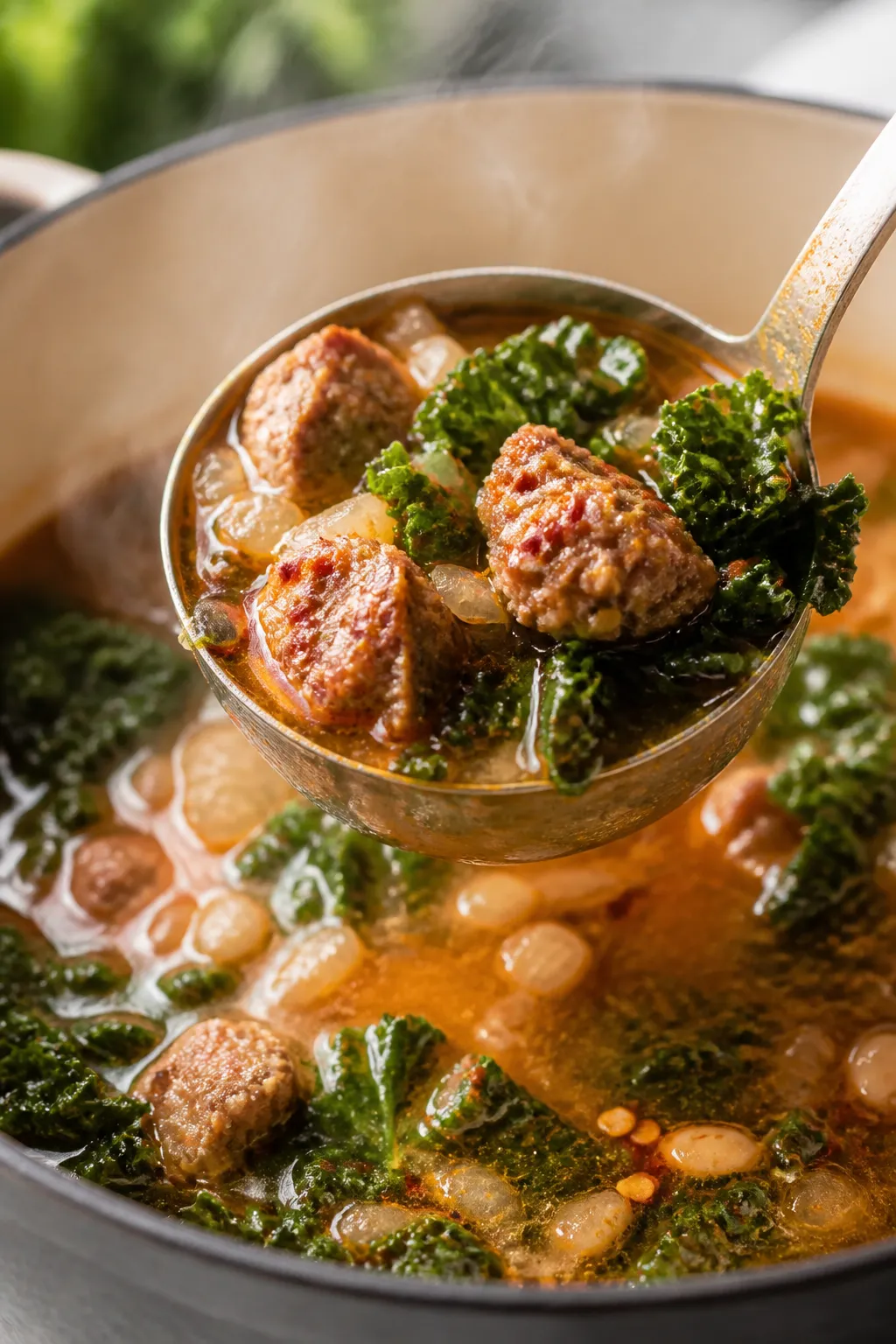 Close-up detail: A steaming ladle lifting cooked Italian sausage and tender kale from a Dutch oven m