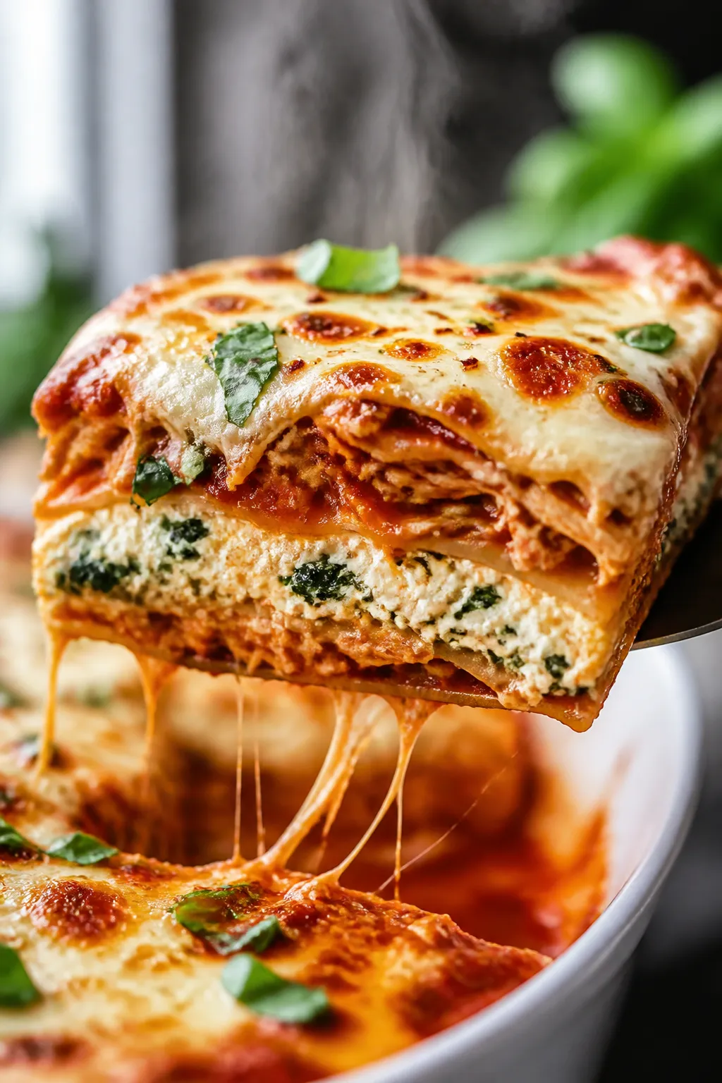 Close-up detail: A steaming slice of high-protein rotisserie chicken lasagna just lifted from the pa