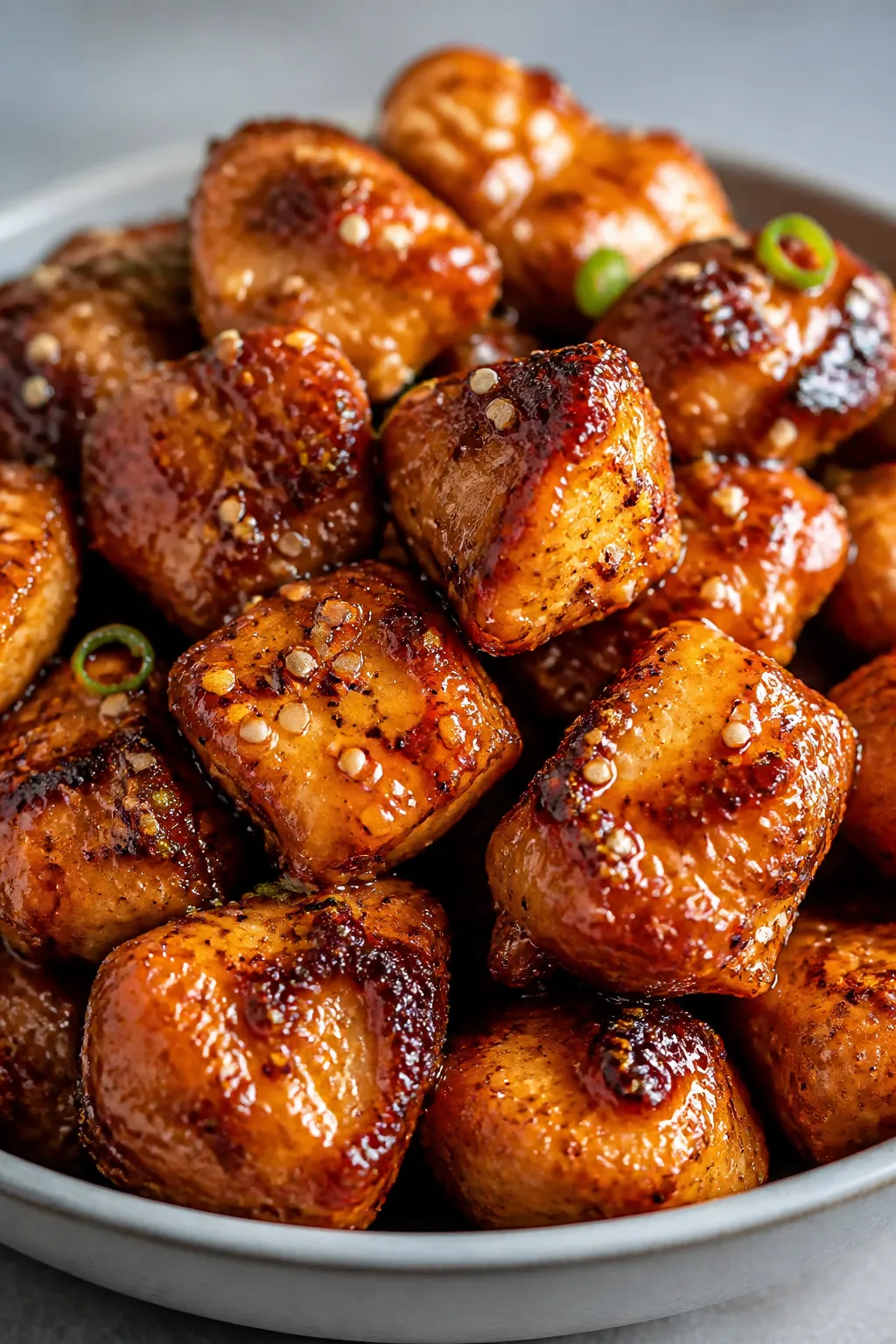 Close-up detail: Air-fried teriyaki chicken bites just out of the basket, edges caramelized and slig