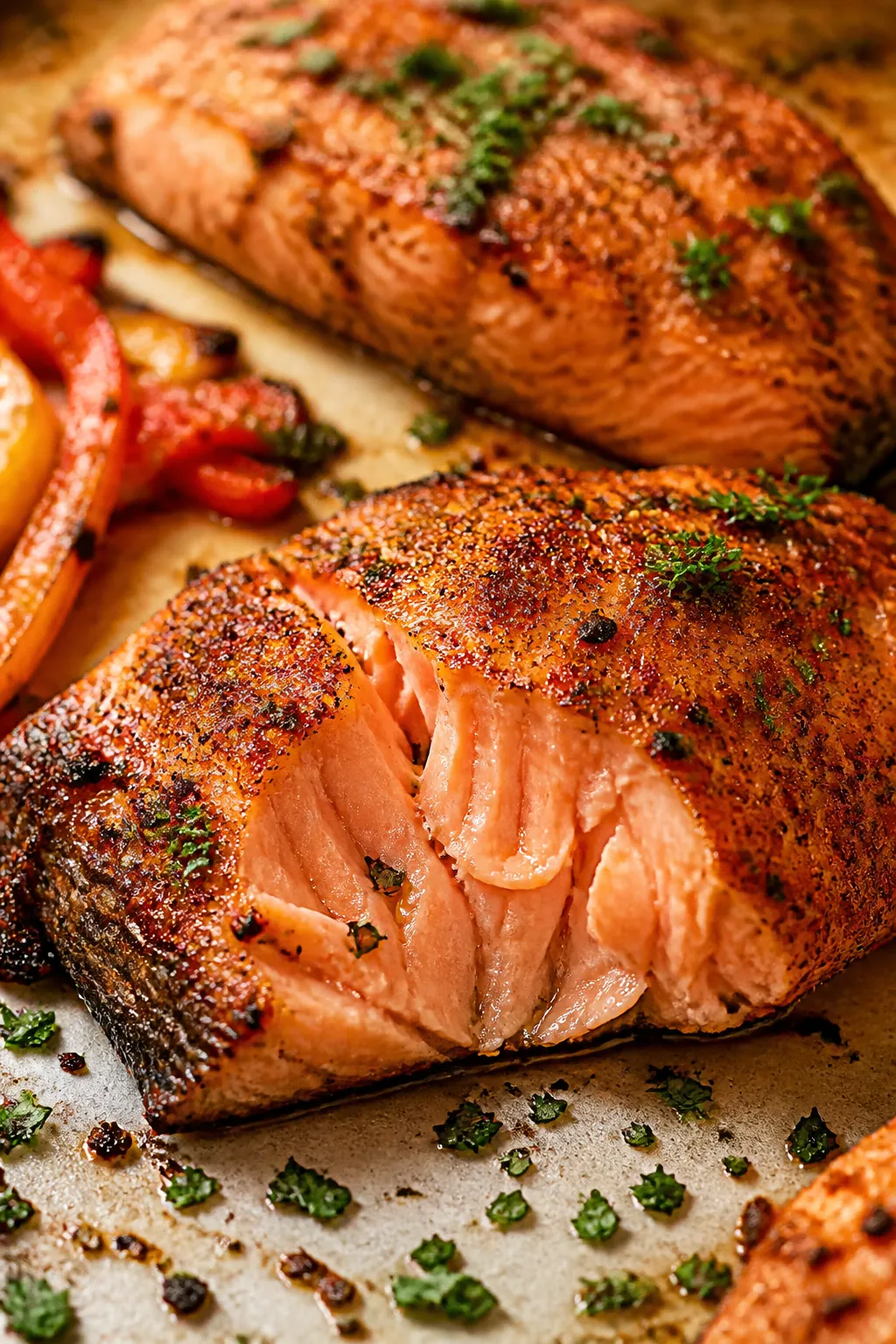 Close-up detail: Cajun-spiced salmon just out of the oven with lightly charred edges and a glistenin