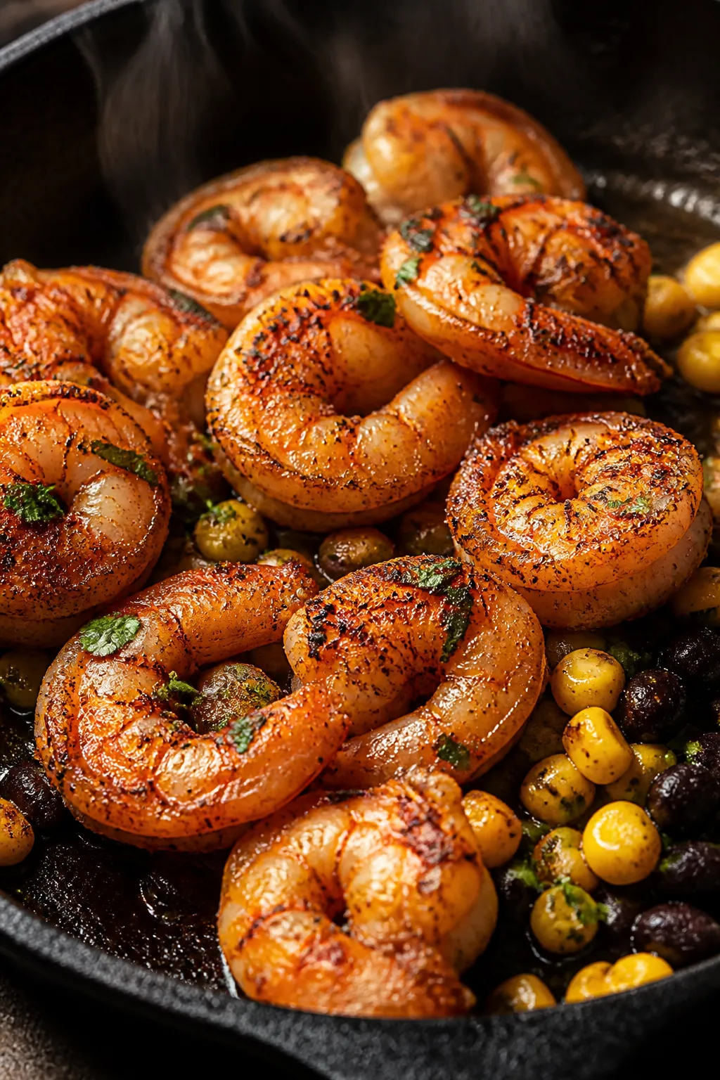 Close-up detail: Chili-lime seared shrimp in a skillet just off the heat, lightly charred edges with