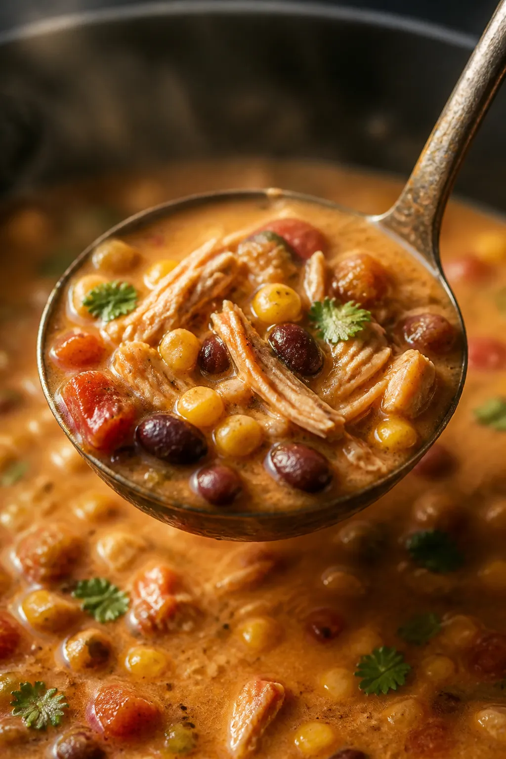Close-up detail — Creamy, high-protein finish: Tight macro of a ladle lifting the finished soup fr