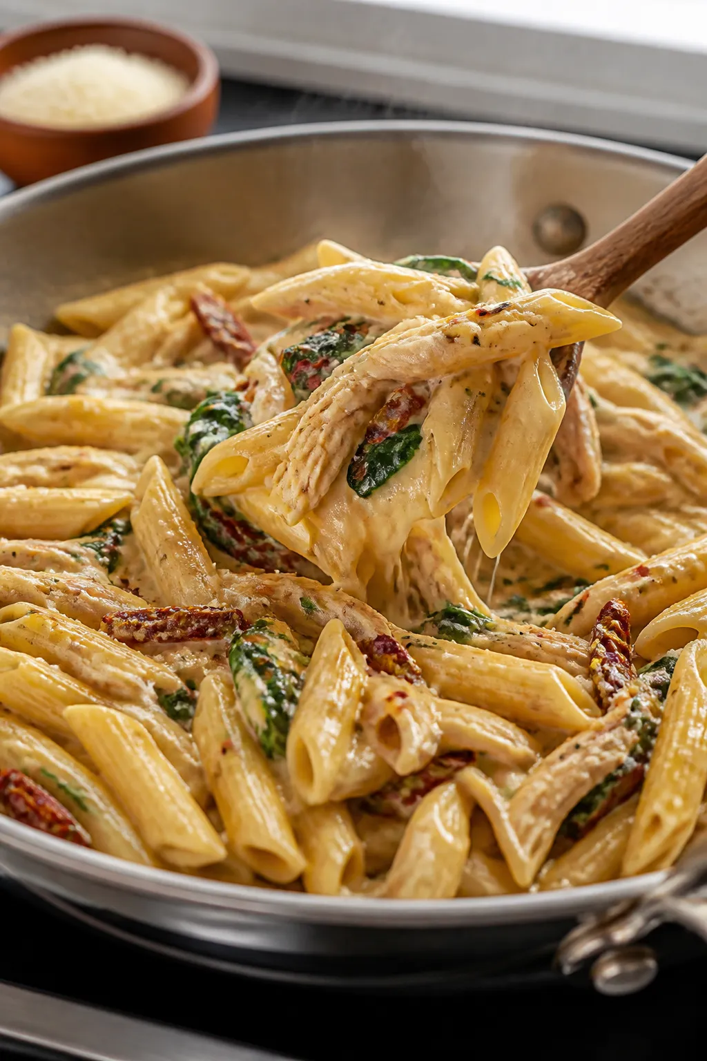 Close-up detail: Creamy Tuscan rotisserie chicken pasta mid-toss in a large skillet, showing glossy,