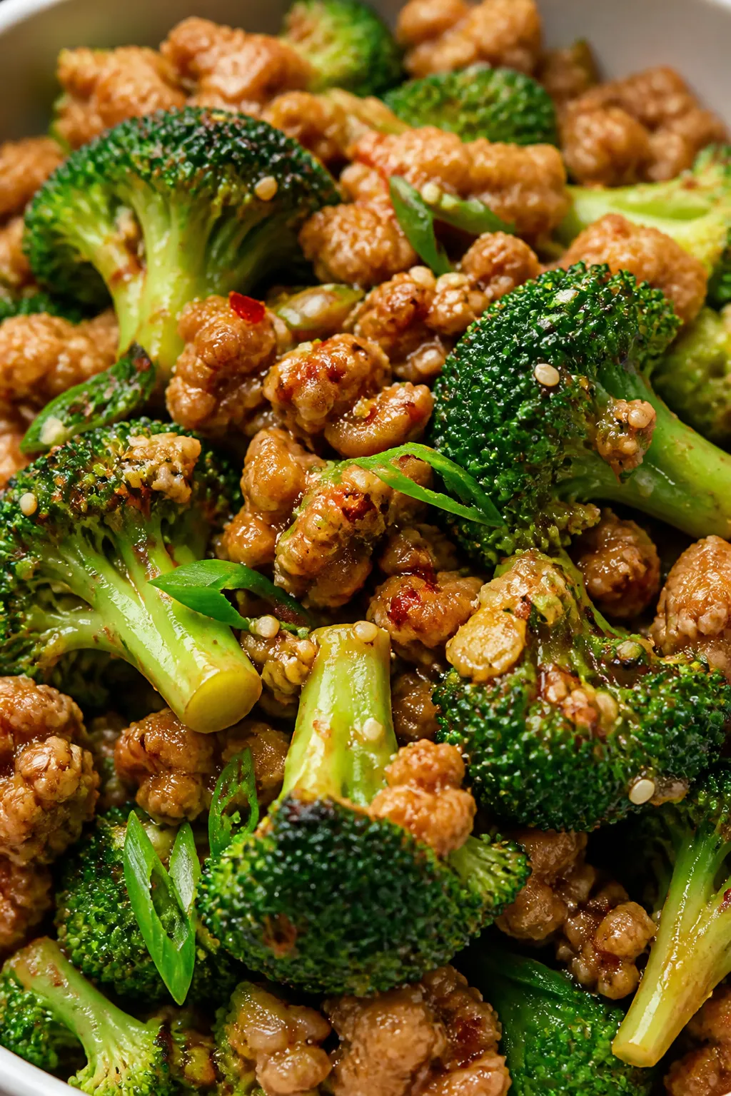 Close-up detail â Crisp-tender broccoli florets tossed back with saucy ground chicken: vibrant bri