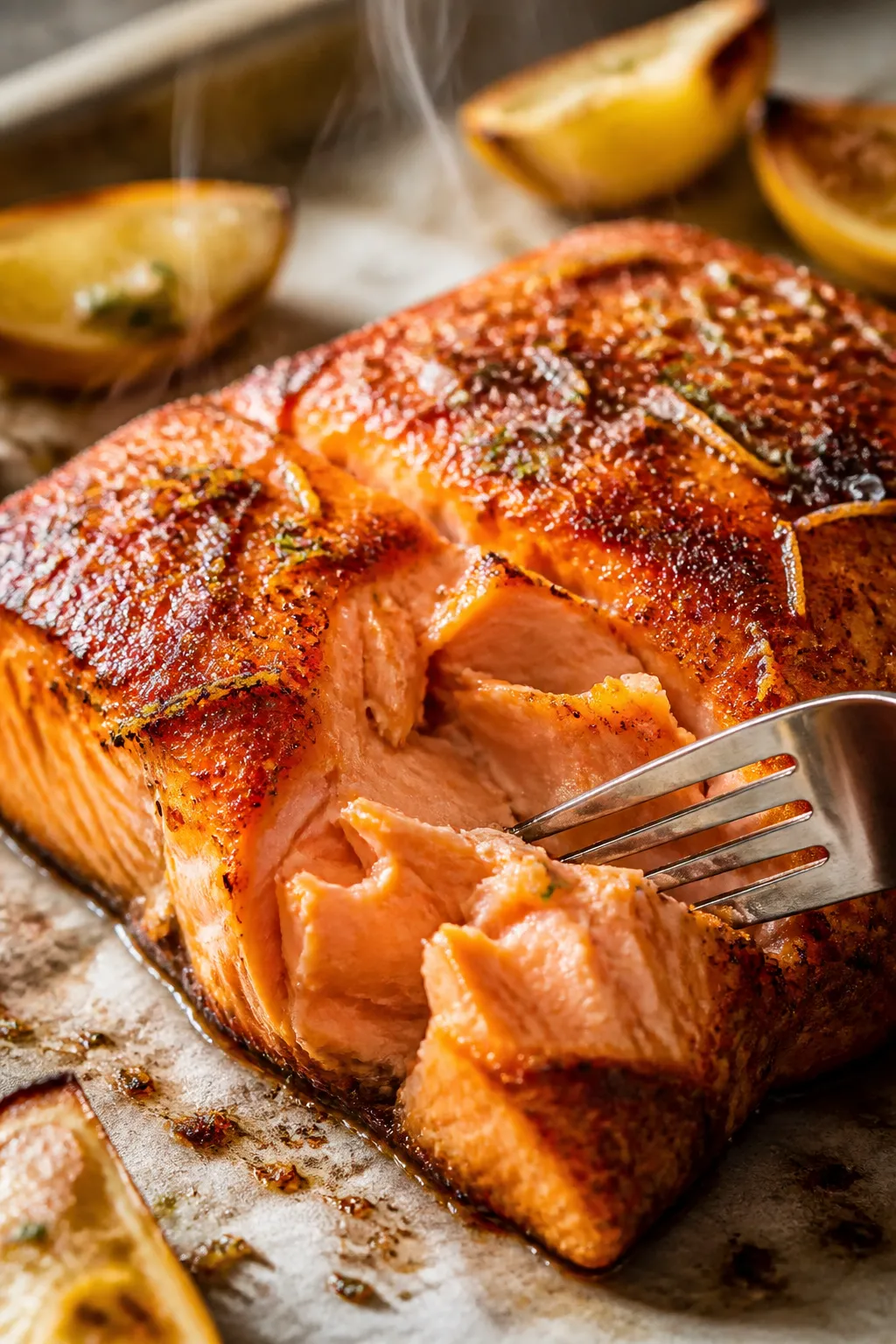 Close-up detail: Flaky roasted salmon just out of the oven, paprika-cumin rub caramelized at the edg