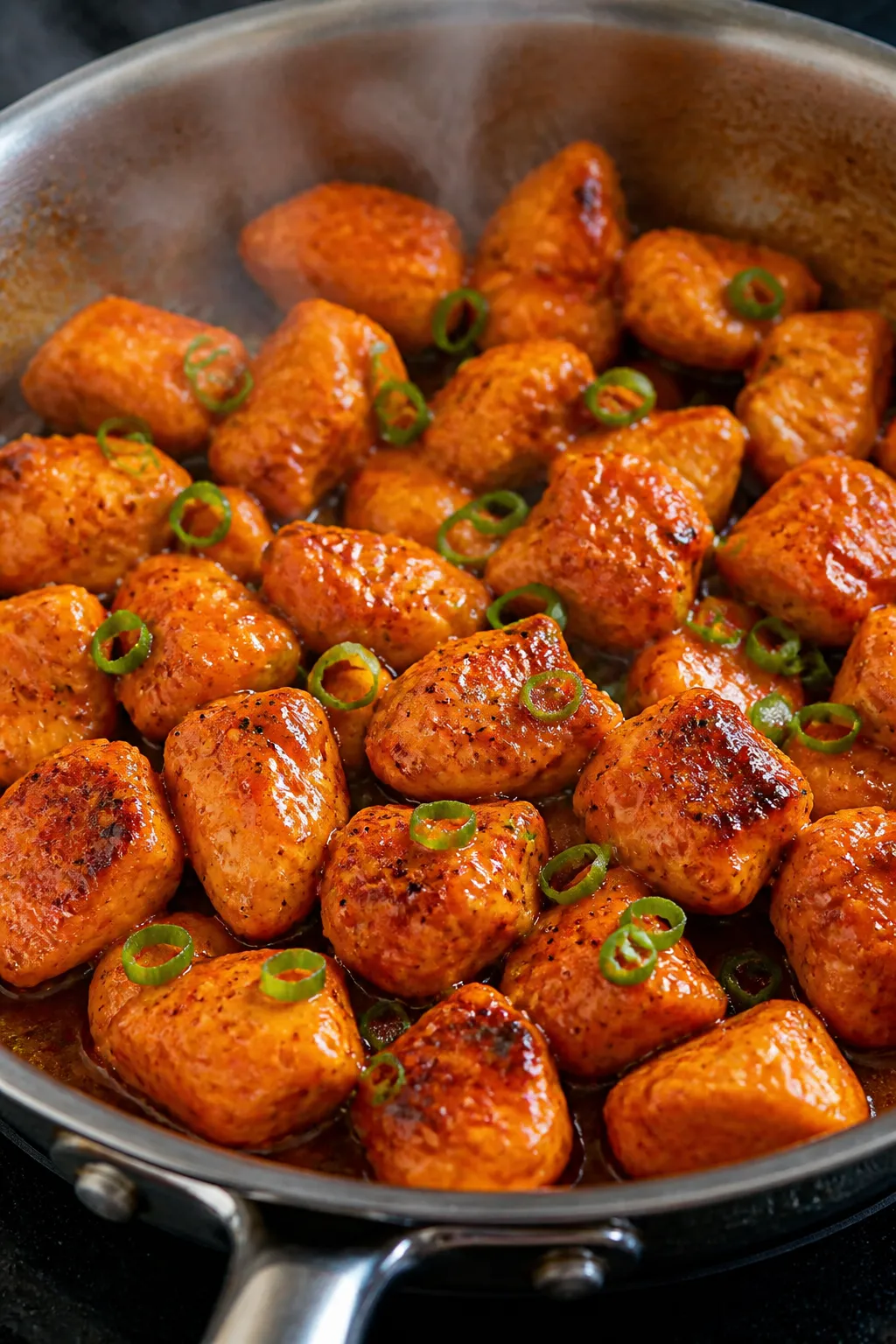 Close-up detail: Glossy buffalo chicken bites just tossed in sauce in a stainless skillet, steam ris