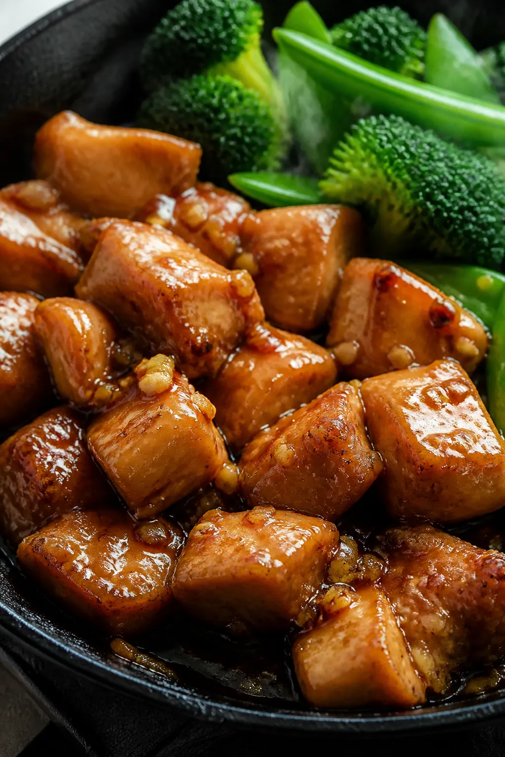 Close-up detail: Glossy honey garlic chicken bites sizzling in a skillet just after the slurry has t
