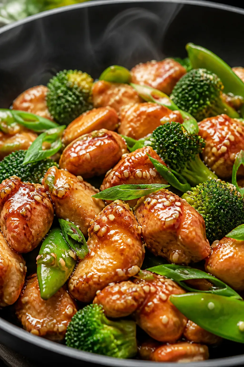 Close-up detail: Glossy sesame chicken bites seared golden-brown, coated in a thick, shiny soy-honey