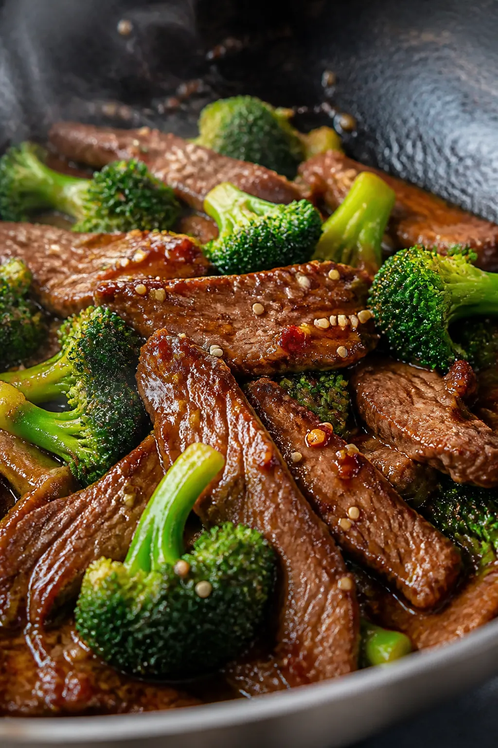 Close-up detail: Glossy, tender slices of seared flank steak tossed with crisp-tender broccoli in a 