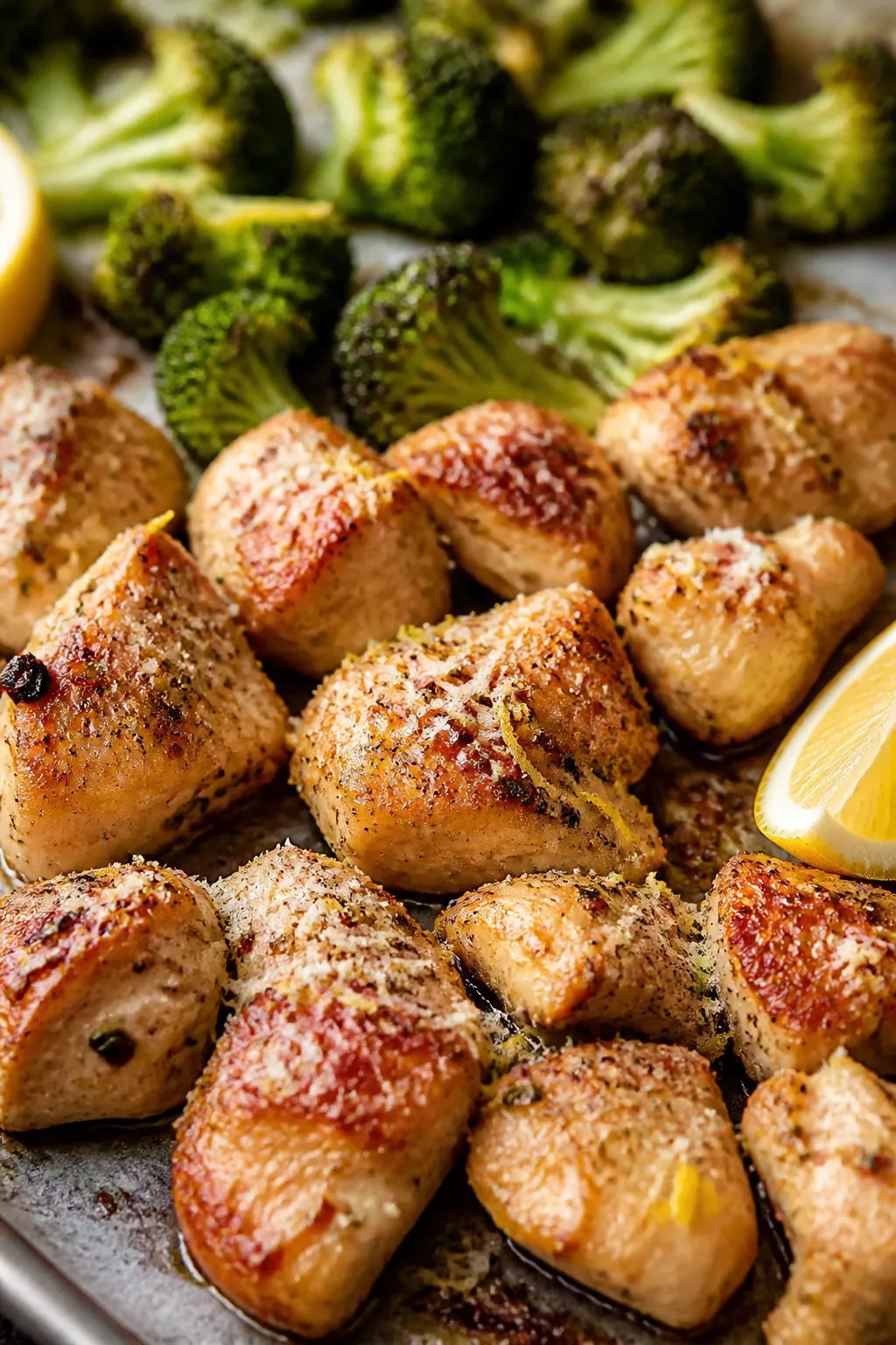 Close-up detail: Golden, bite-size roasted chicken pieces glistening with garlic-lemon butter, fleck
