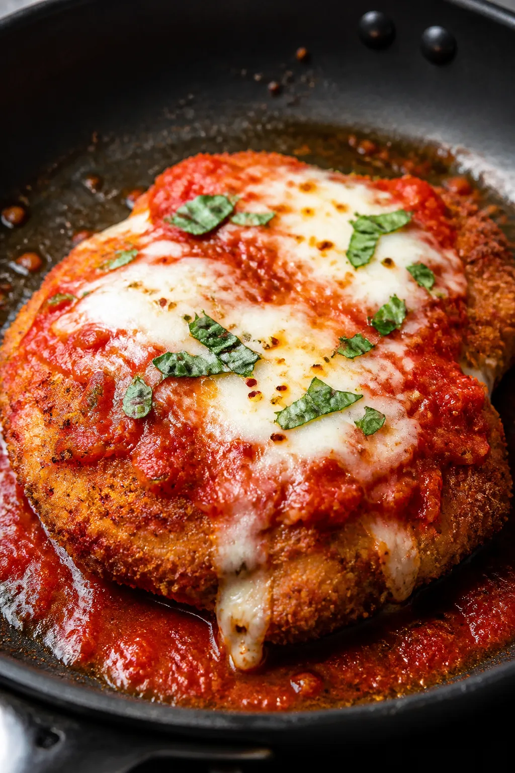Close-up detail: Golden-brown chicken Parmesan cutlet just after searing, coated in whole-wheat pank