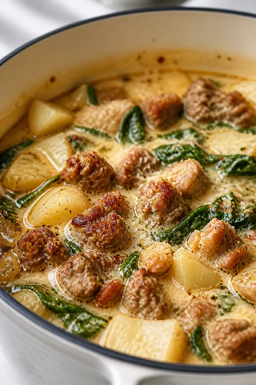 Close-up detail: Golden-browned Italian sausage crumbles with crispy edges nestled in a silky, cream