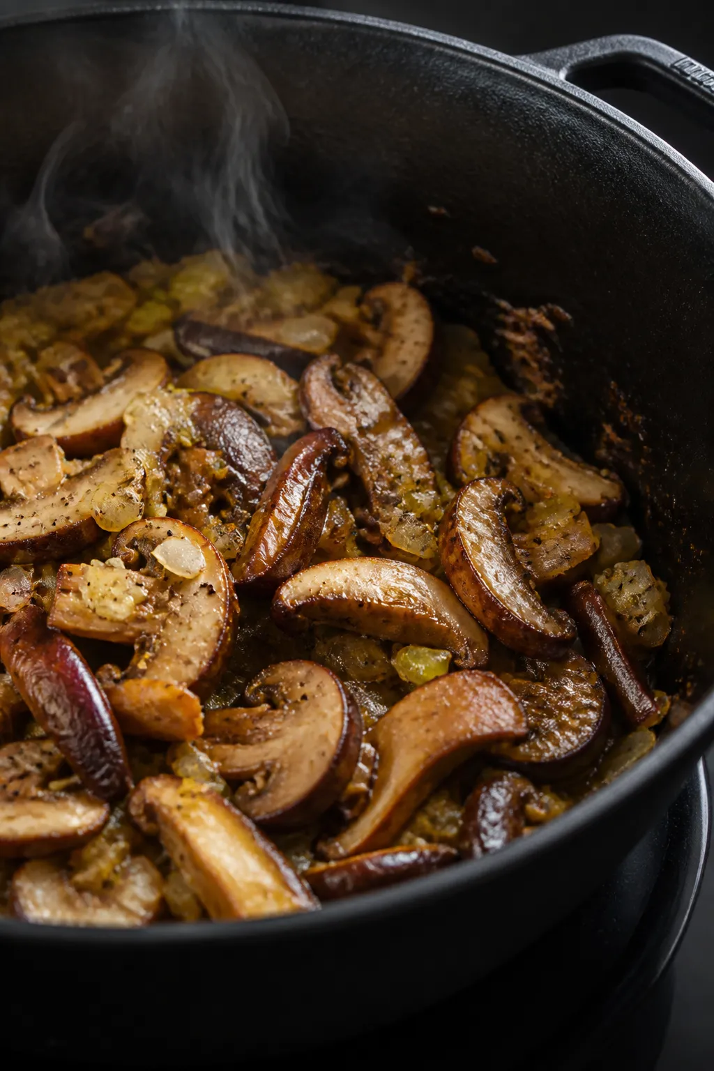 Close-up detail: Golden-browned sliced cremini and shiitake mushrooms sizzling in a Dutch oven with