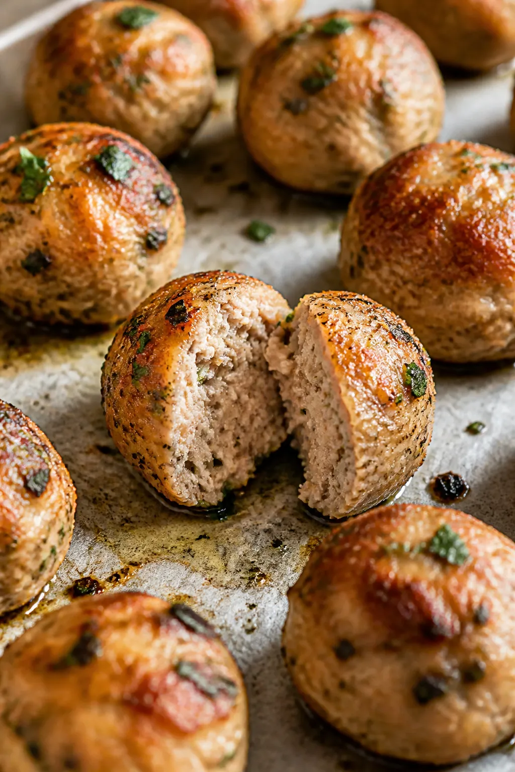Close-up detail: Golden-browned turkey meatballs just out of the oven on a parchment-lined sheet pan