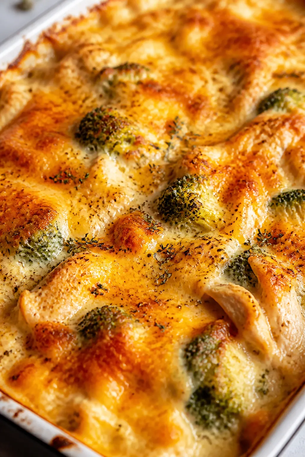 Close-up detail: Golden, bubbly top of a baked rotisserie chicken casserole just out of the oven, wi