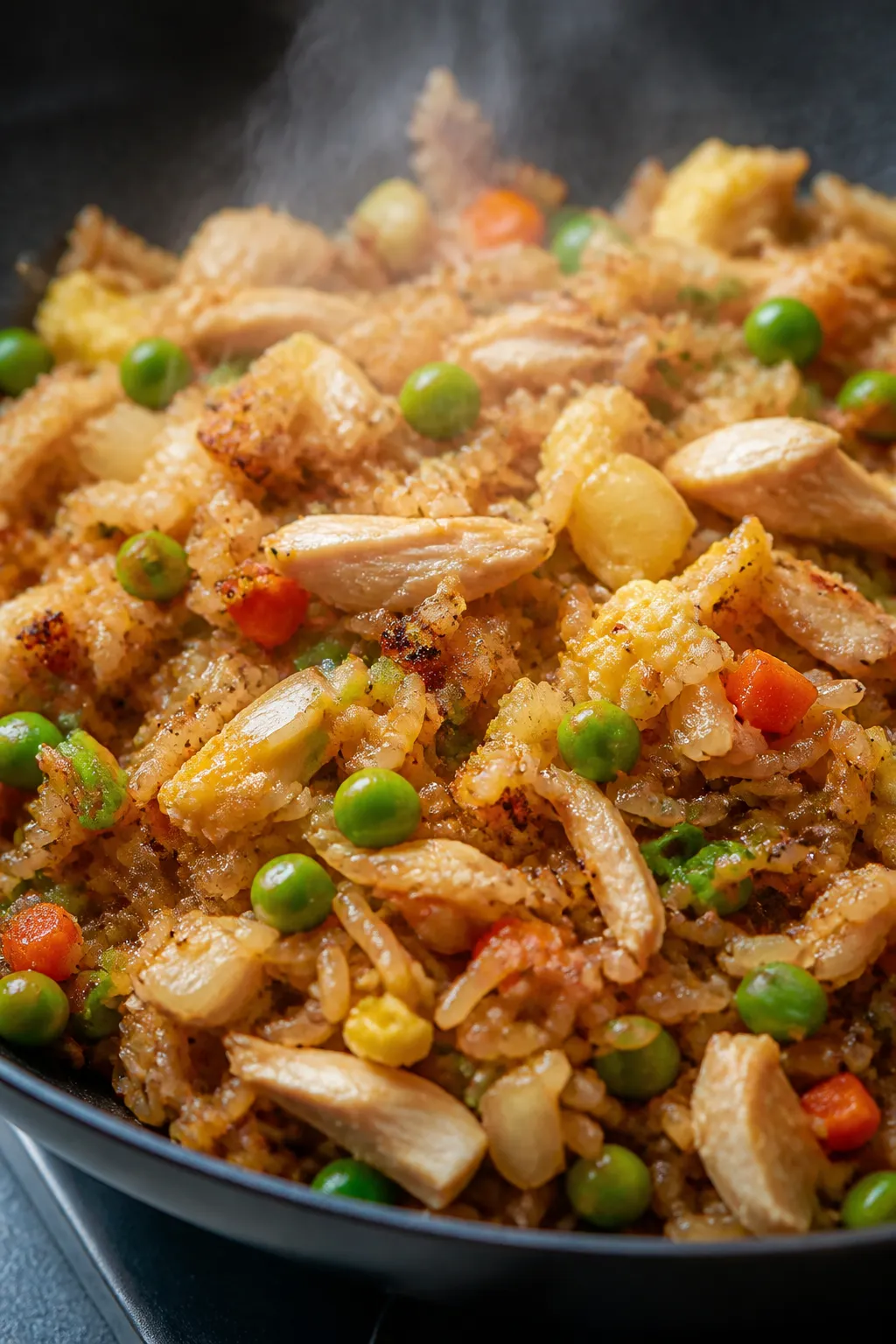 Close-up detail: Golden, crispy fried rice sizzling in a black carbon-steel wok, with seared day-old