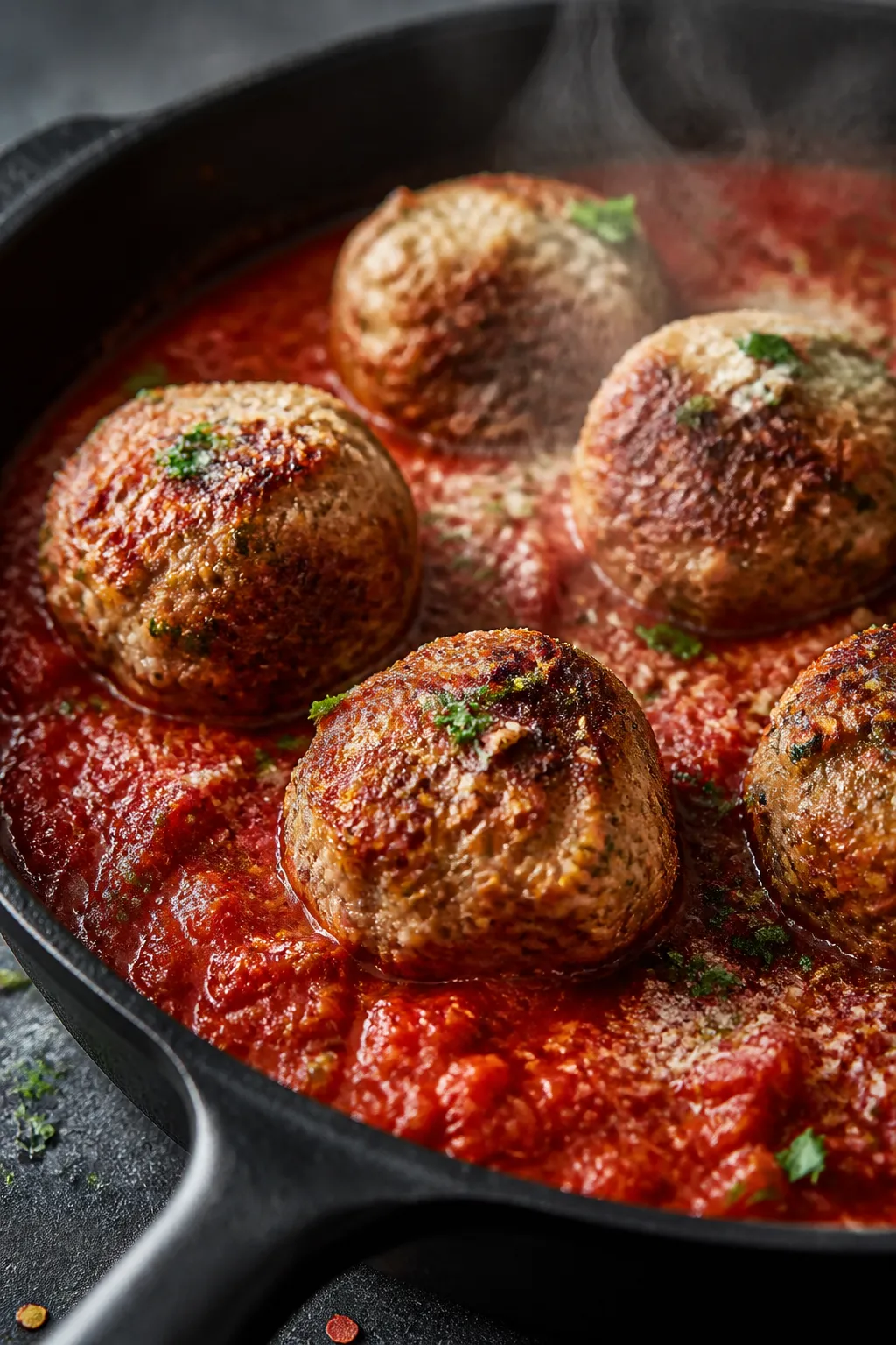 Close-up detail: Golden-edged chicken Parmesan meatballs just out of the oven and being nestled into