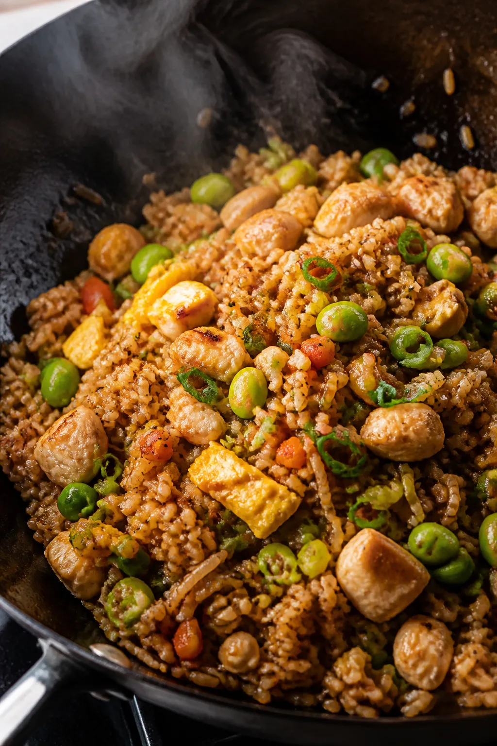 Close-up detail: Golden fried rice sizzling in a wok, showing lightly crisped day-old jasmine grains