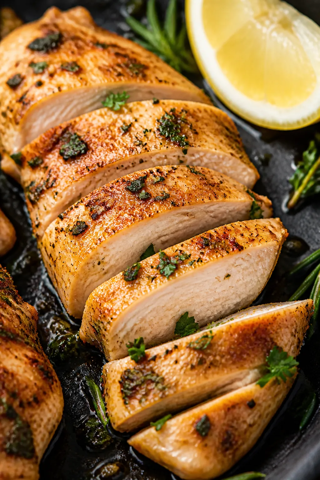 Close-up detail: Golden lemon-herb chicken cutlets just off the skillet, sliced against the grain to