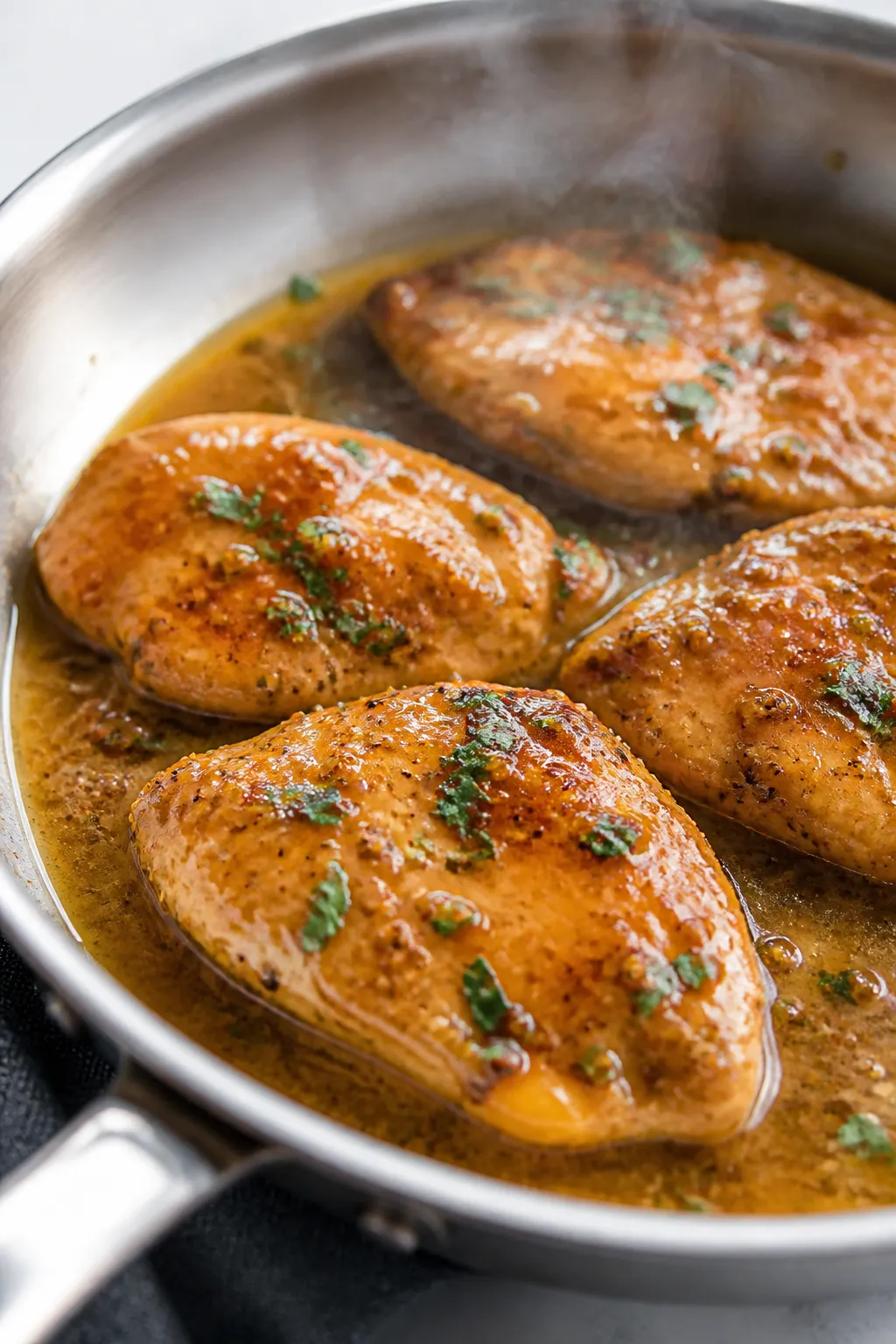 Close-up detail: Golden-seared honey mustard chicken cutlets just after saucing in a stainless skill