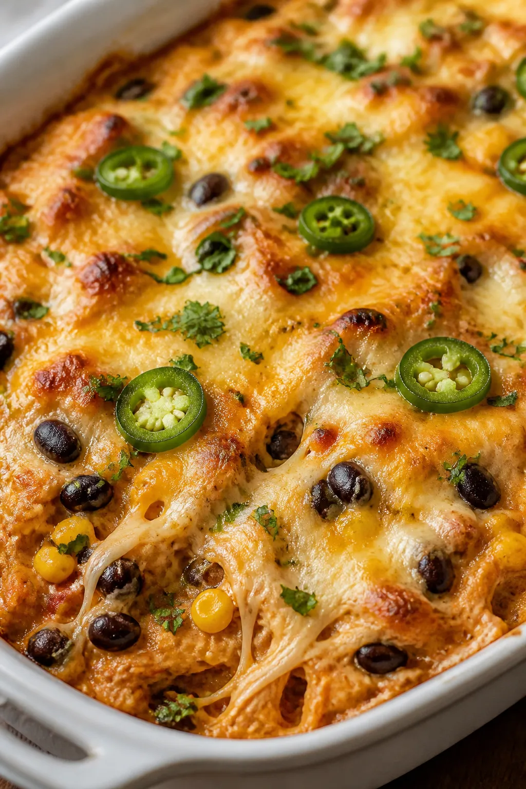 Close-up detail: Gooey, golden-bubbled High Protein Rotisserie Chicken Mexican Casserole just out of