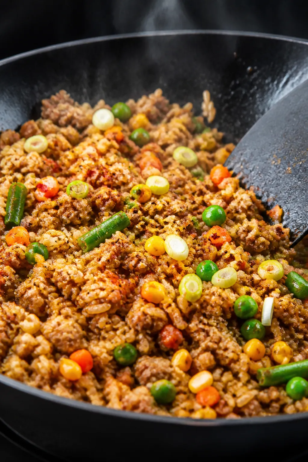 Close-up detail: Ground chicken fried rice sizzling in a carbon steel wok mid-cook, showing lightly 