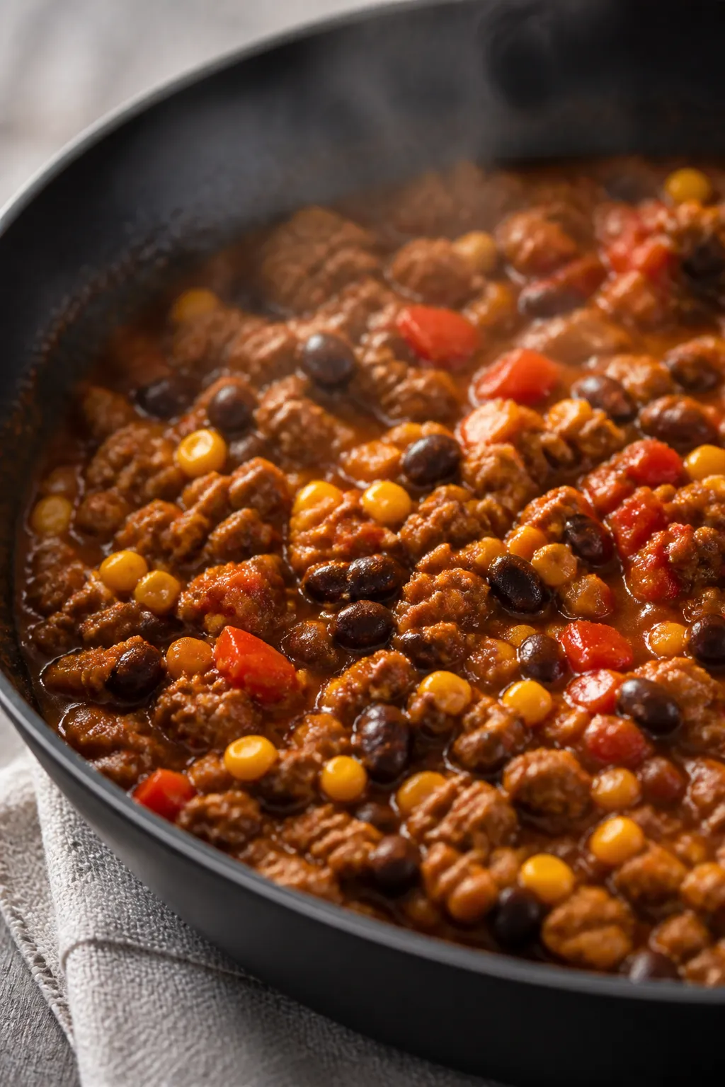 Close-up detail: Ground chicken taco filling sizzling in a wide skillet after seasoning and simmerin