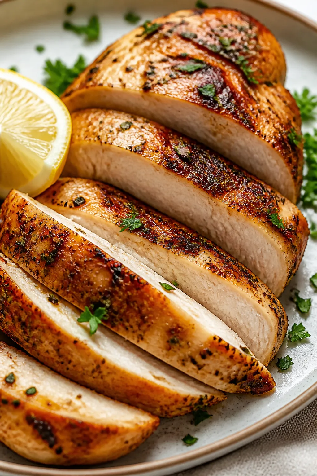 Close-up detail: Juicy air-fried chicken breast just sliced against the grain, showing moist, tender