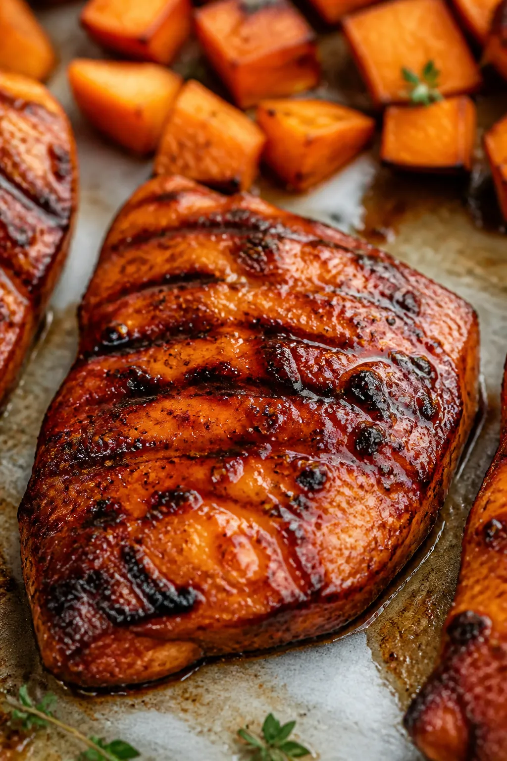 Close-up detail: Juicy BBQ chicken breast just out of the oven, brushed with a glossy extra layer of