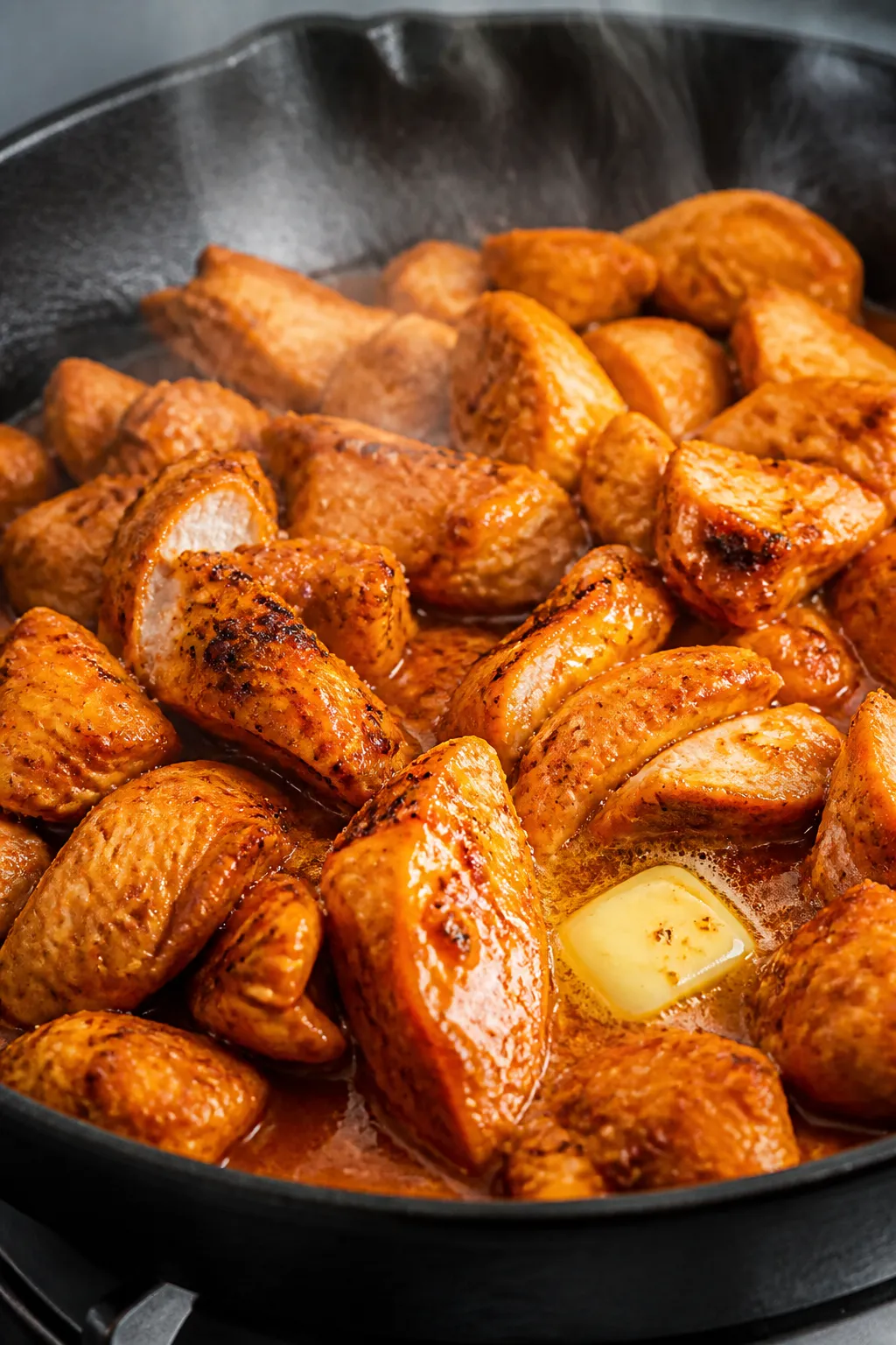 Close-up detail: Juicy buffalo chicken slices just tossed in warm, glossy buffalo sauce in a skillet