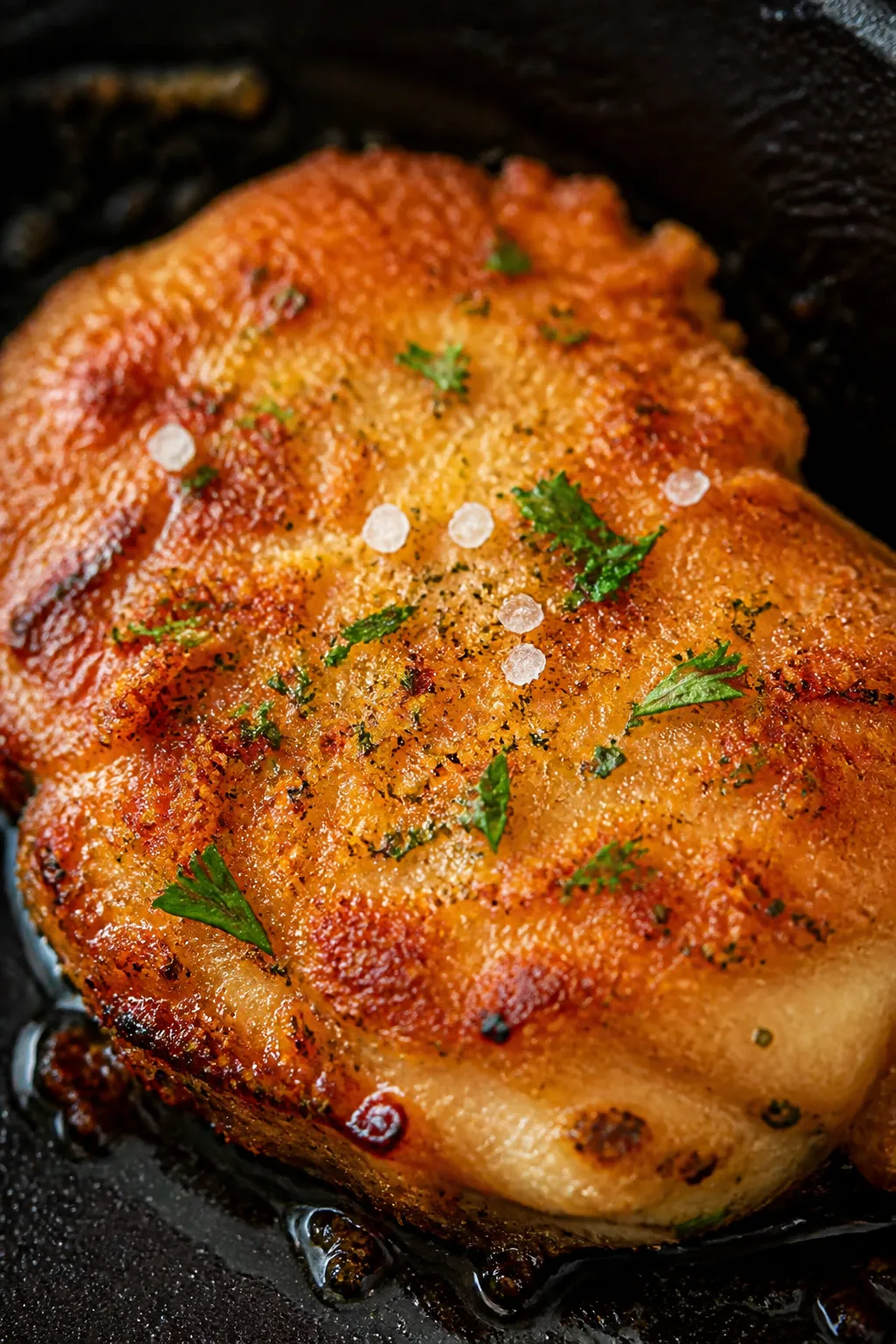 Close-up detail: Juicy garlic-Parmesan chicken cutlet just seared, golden-crisp Parmesan crust with