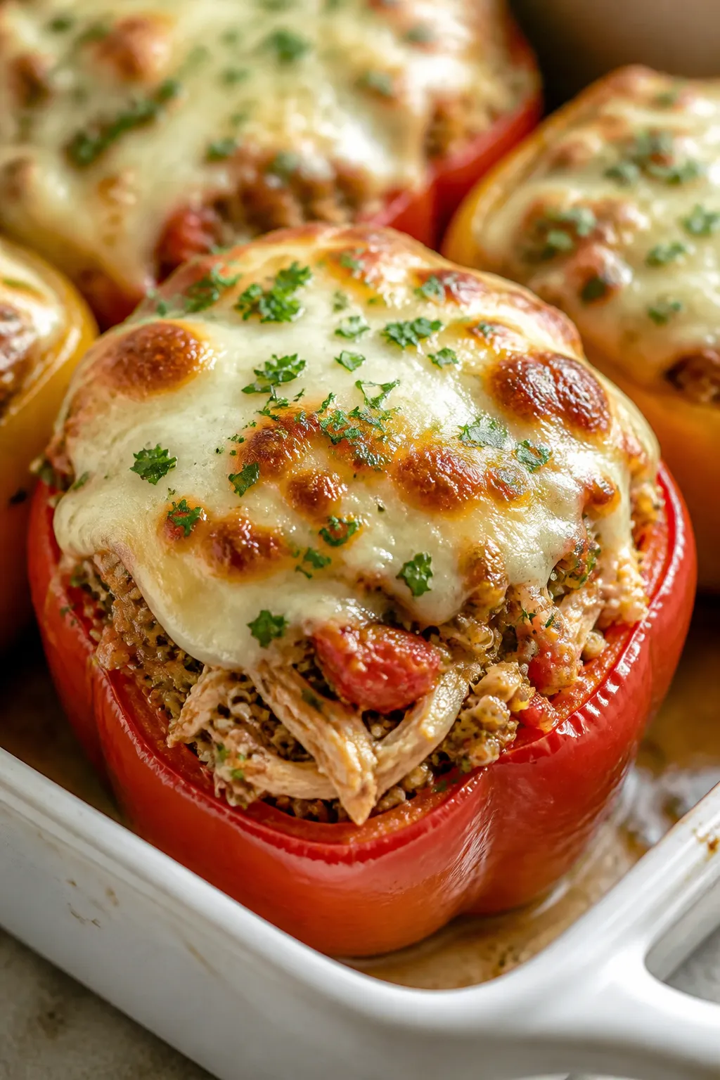 Close-up detail: Melted mozzarella crown over golden-bubbled rotisserie chicken stuffed pepper just