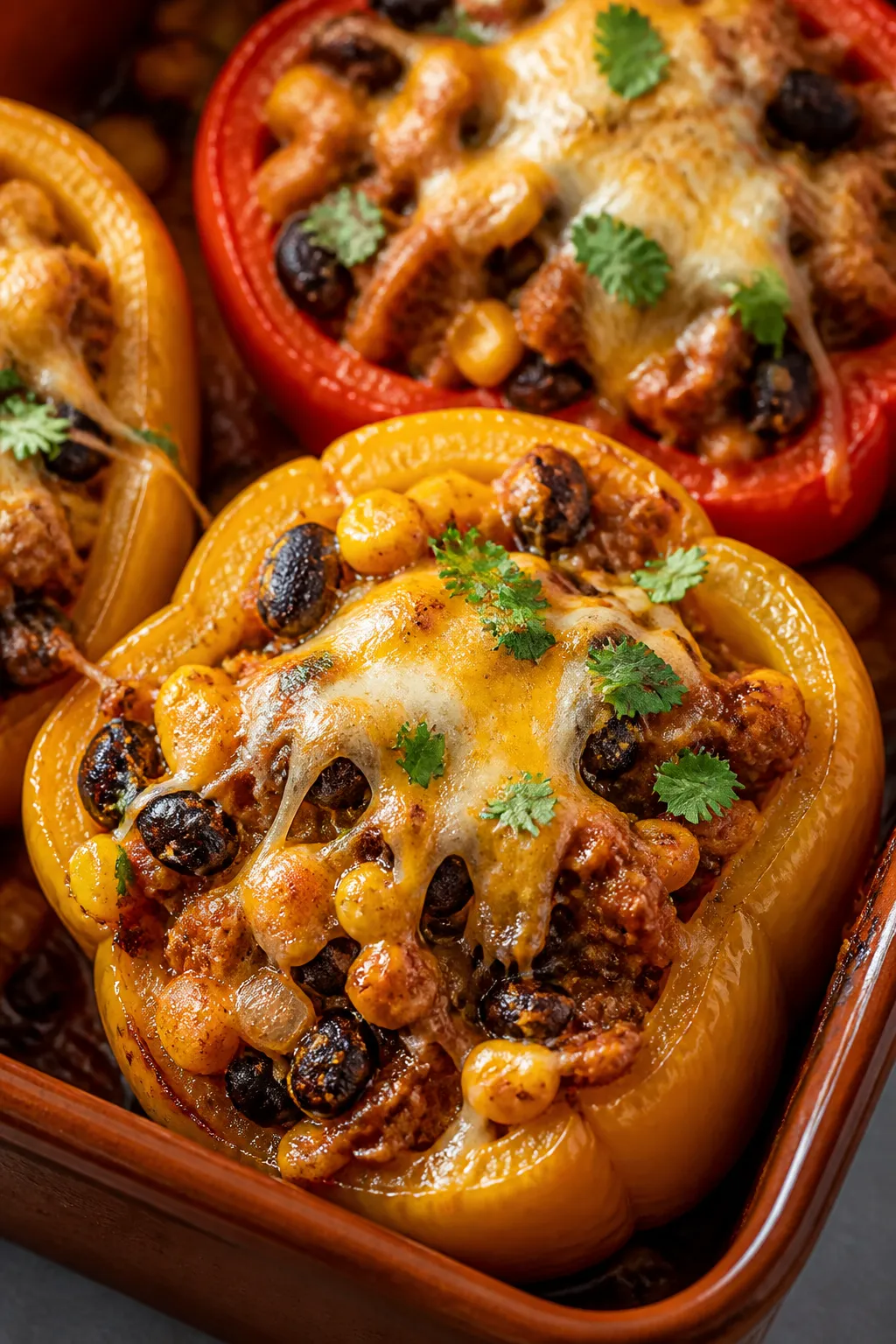 Close-up detail: Melty ground chicken taco filling spooned into just-baked bell pepper halves, chees