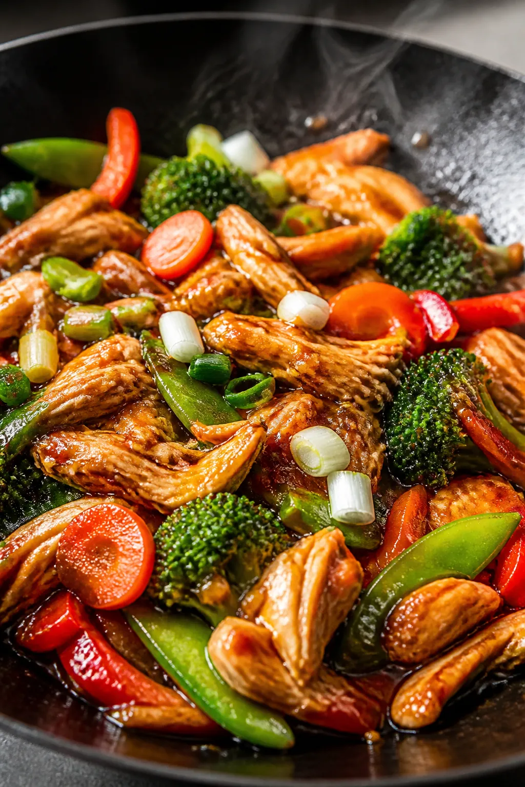 Close-up detail: Rotisserie chicken stir fry sizzling in a carbon steel wok at medium-high heat, glo