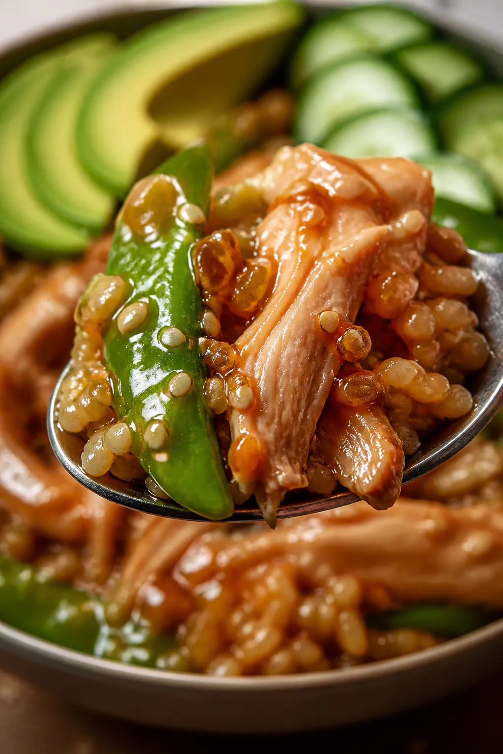 Close-up detail â sauce and texture focus: Macro close-up of a spoonful lifted above the bowl show