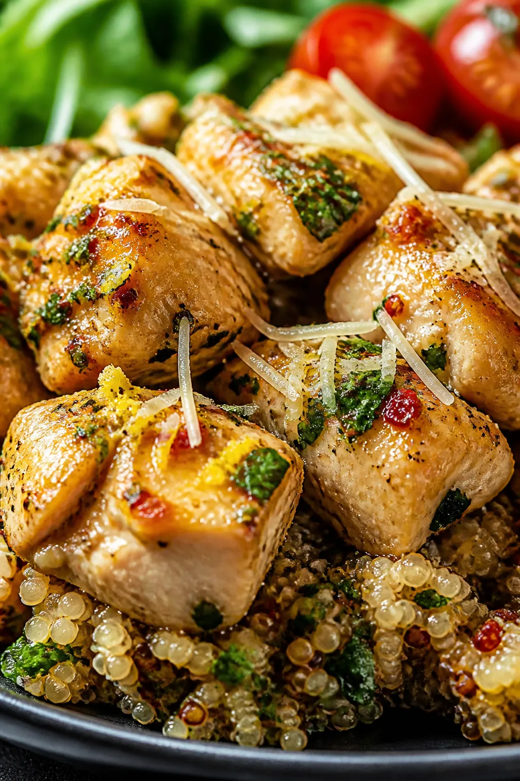 Close-up detail — Saucy chicken and grains: Tight macro of fork-tender chicken pieces lacquered in