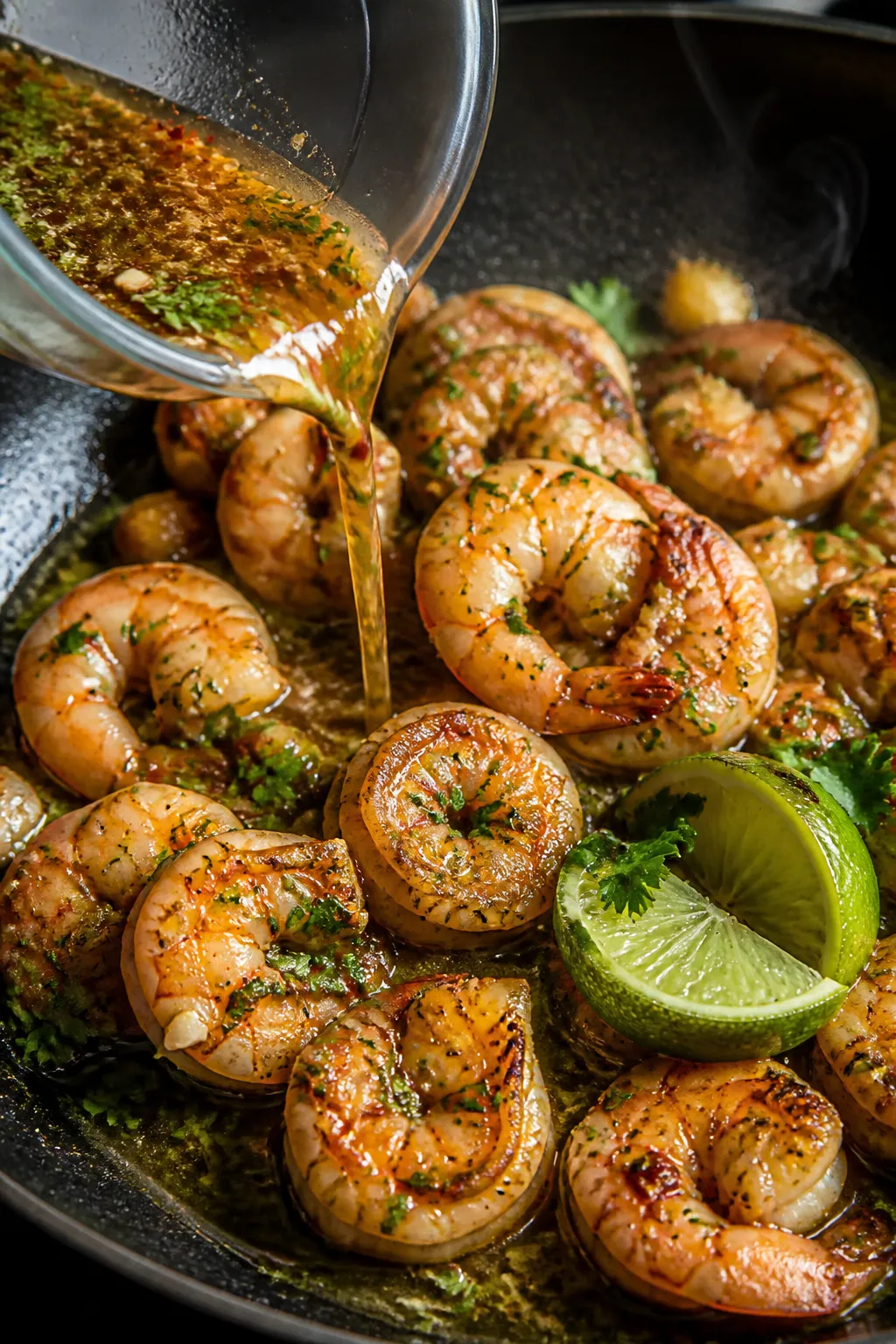 Close-up detail: Seared cilantro-lime shrimp sizzling in a skillet at the moment the reserved marina