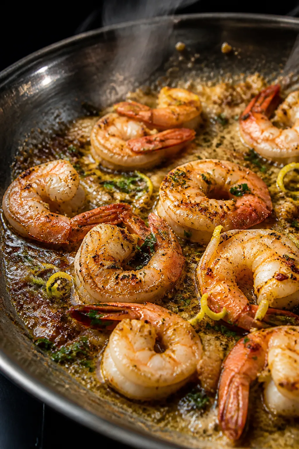 Close-up detail: Searing garlic butter shrimp in a skillet mid-cook, shrimp opaque and lightly brown