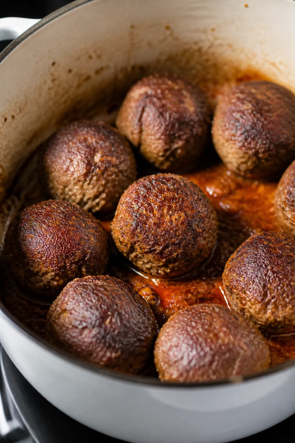 Close-up detail: Searing Italian meatballs browning in a Dutch oven, caramelized crust forming with