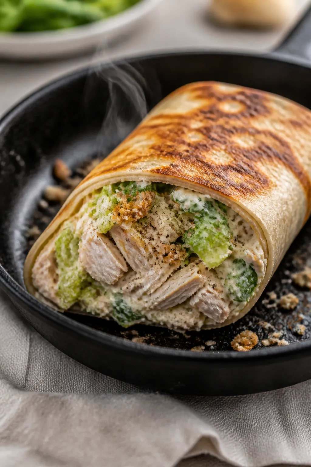 Close-up detail shot: A freshly seared Caesar chicken wrap seam-side down in a skillet, showing the