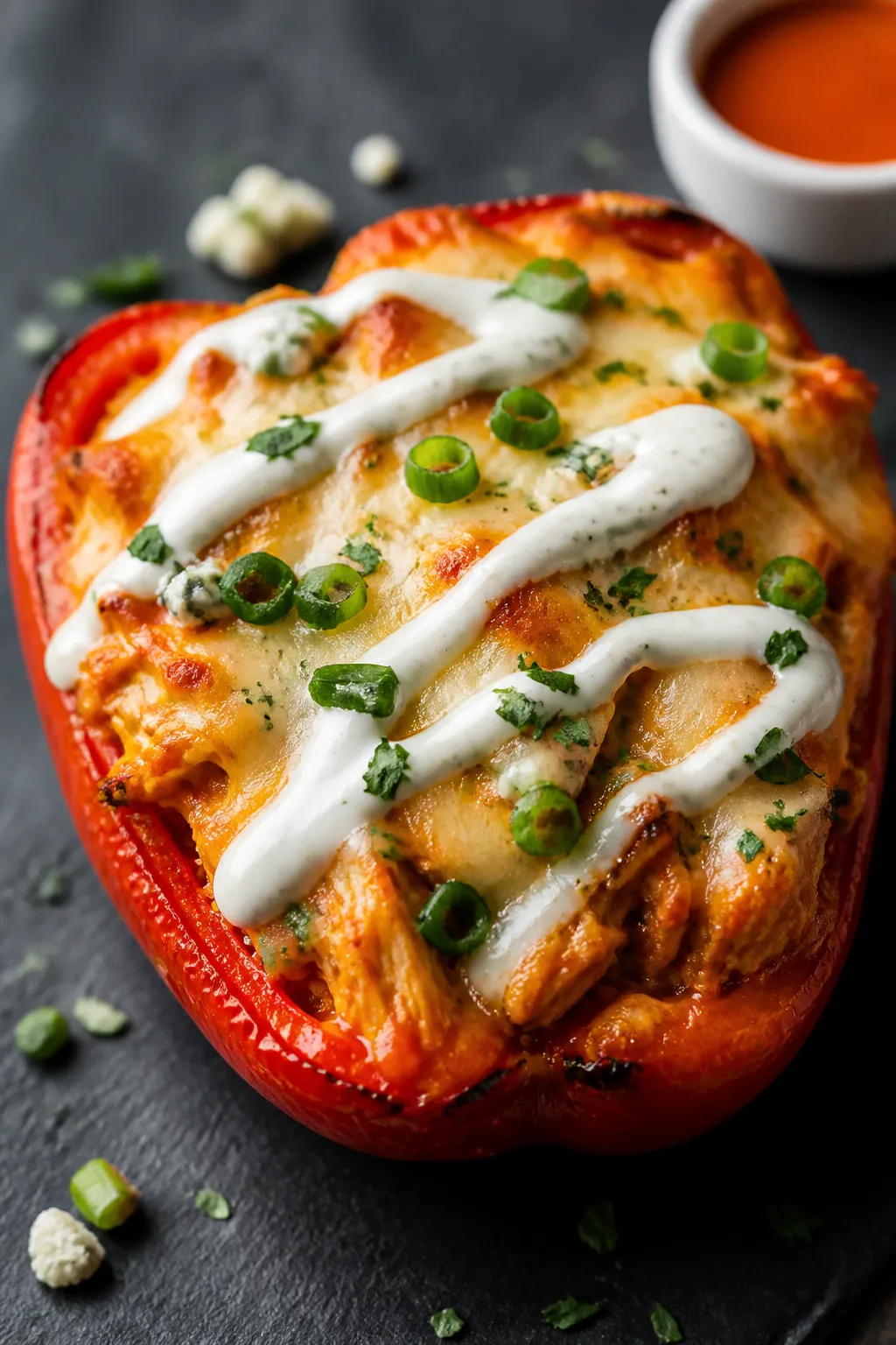 Close-up detail shot: A just-baked Buffalo rotisserie chicken stuffed pepper half, cheese fully melt