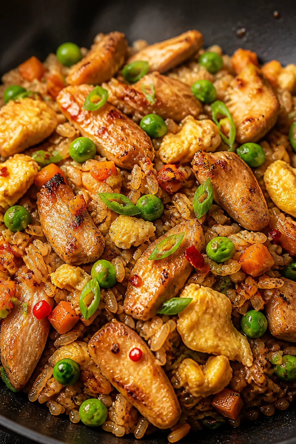 Close-up detail shot: Golden-brown chicken pieces and fluffy scrambled egg ribbons nestled among toa