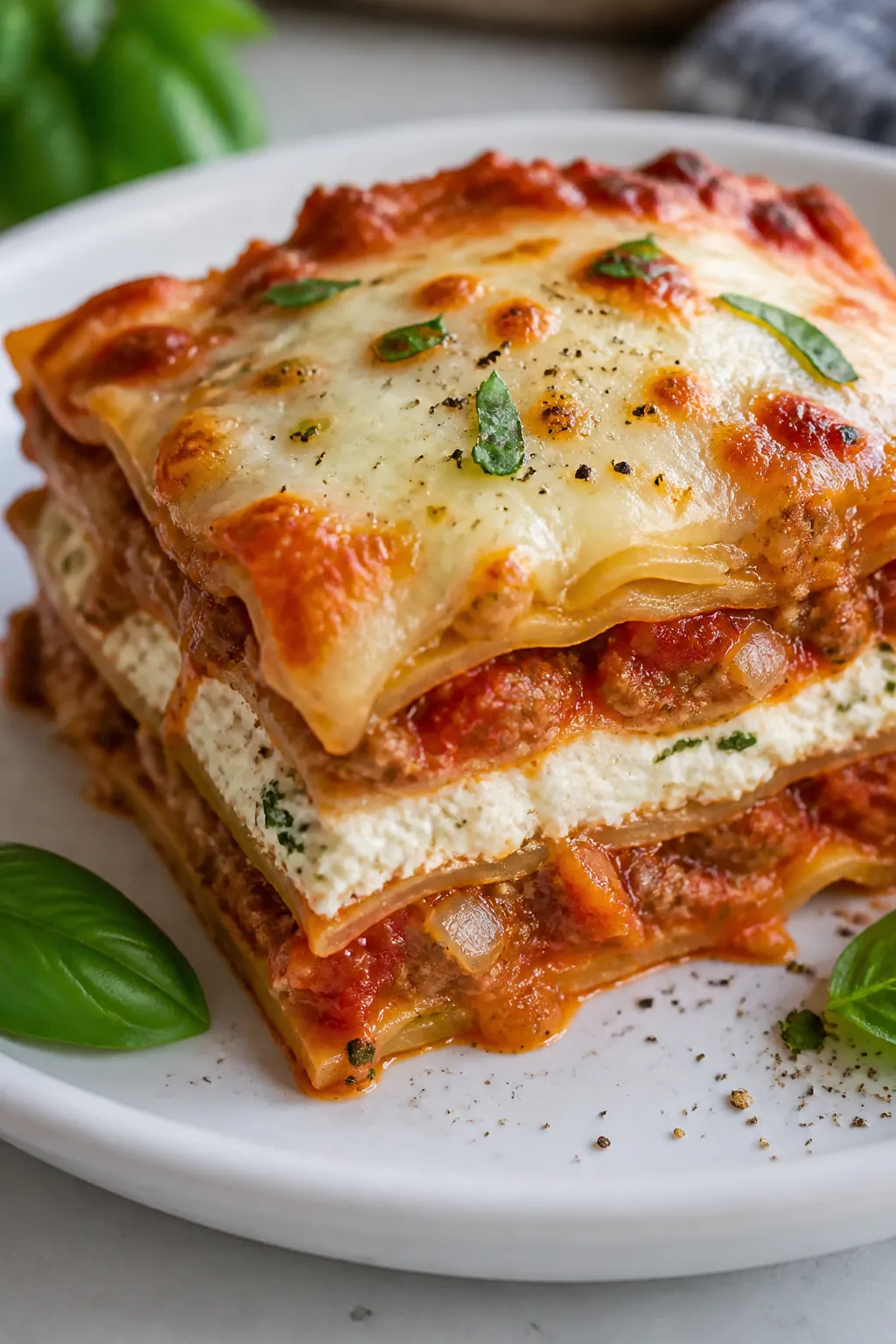 Close-up detail shot of a baked slice of High Protein Cottage Cheese Lasagna just after resting, lay