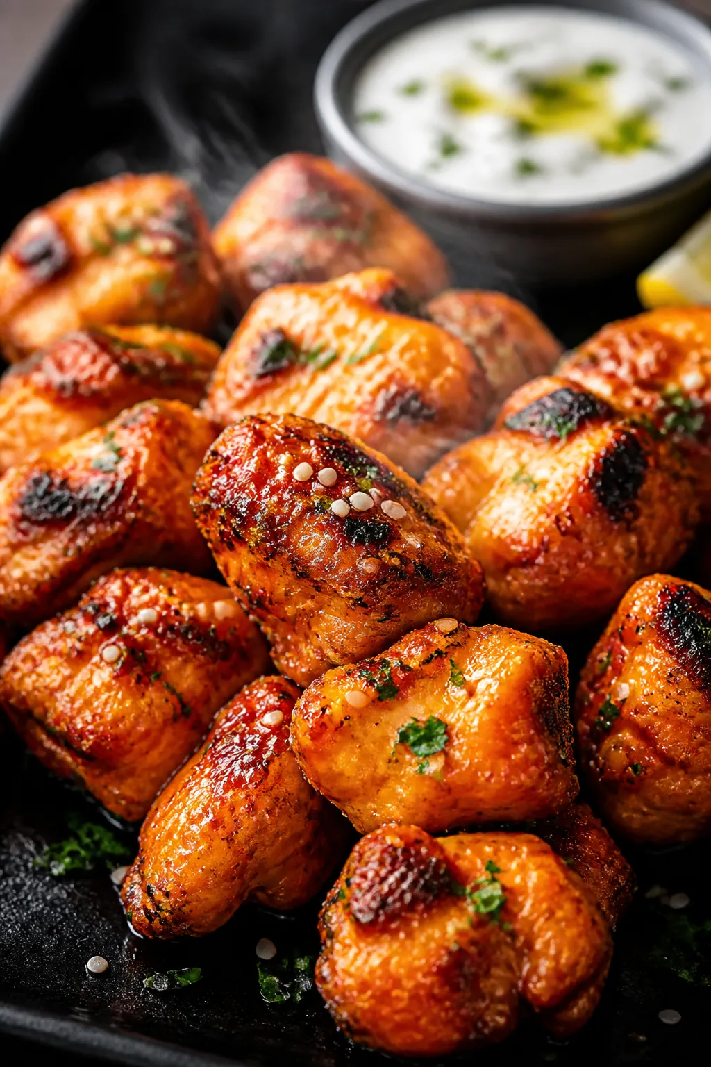Close-up detail shot of air-fried Buffalo chicken bites just tossed in warm sauce: glistening, tacky
