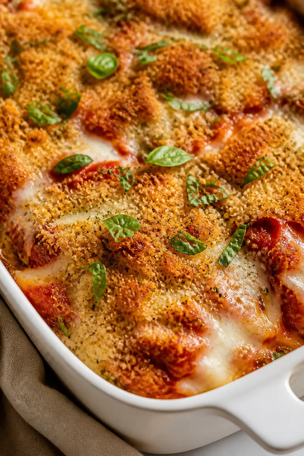 Close-up detail shot of the baked Rotisserie Chicken Parmesan Casserole just out of the oven: bubbli