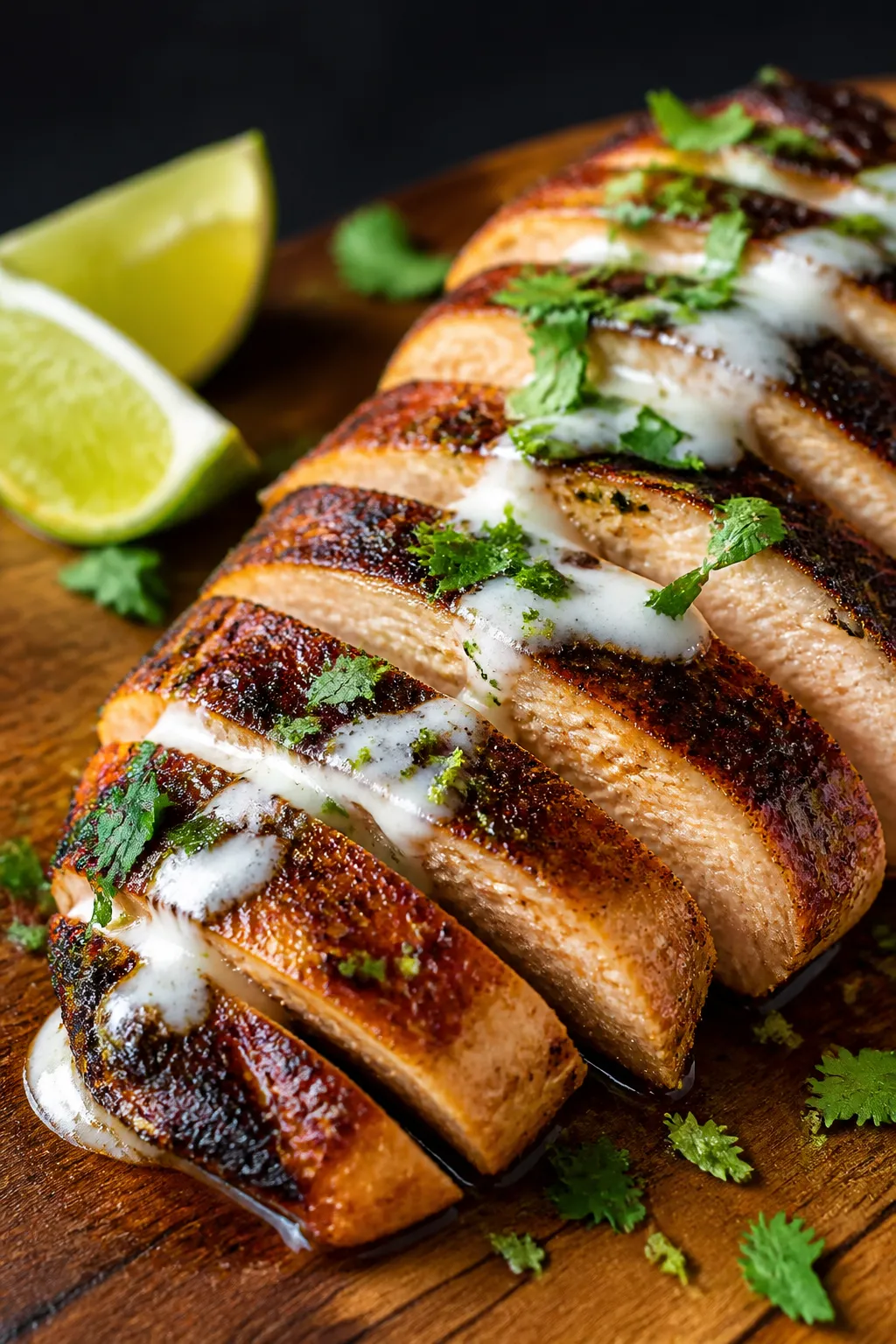 Close-up detail shot: Sliced chipotle-lime chicken just off the grill pan, showing caramelized char