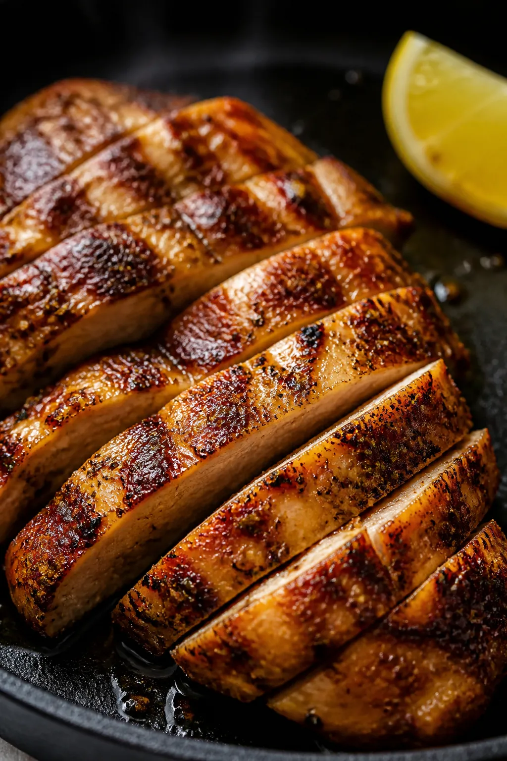 Close-up detail shot: Sliced, marinated chicken thighs just off the grill pan, deeply browned with l